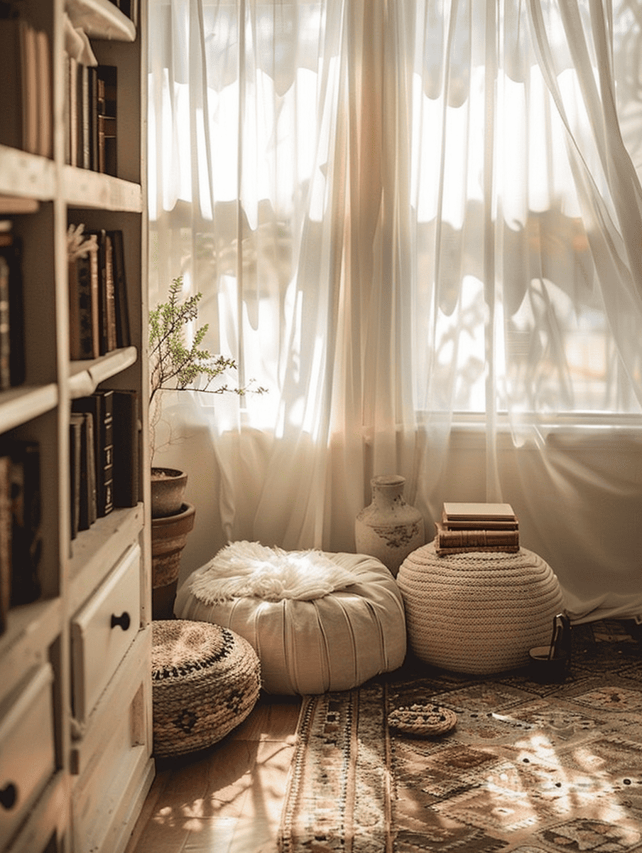 boho reading nook with sheer curtains and Moroccan poufs
