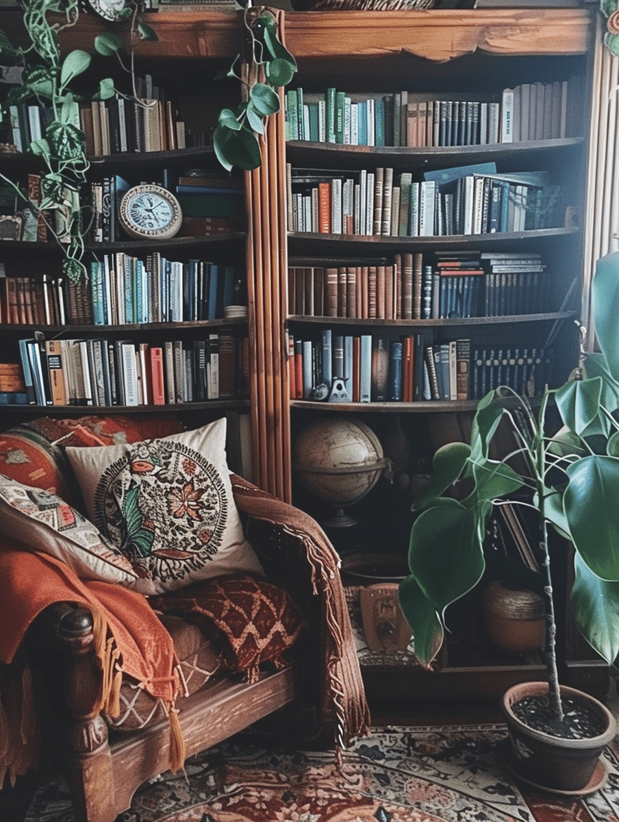 boho reading nook with wooden bookshelves and antique accents