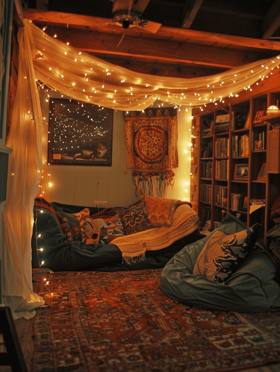 boho reading nook with a canopy of fairy lights and cozy bean bags