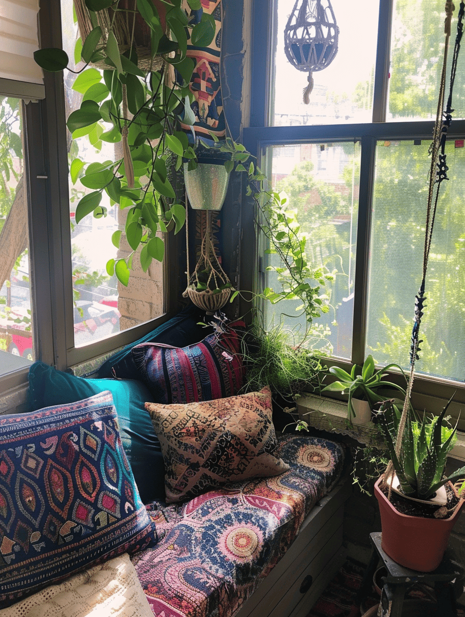 boho reading nook with hanging planters and boho-chic cushions