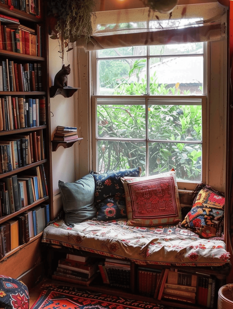 boho reading nook with quirky bookshelfves and a cozy window seat