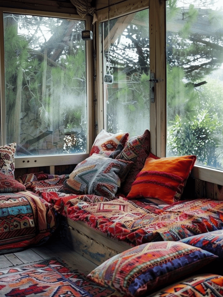 boho reading nook with ethnic throws and cushioned benches