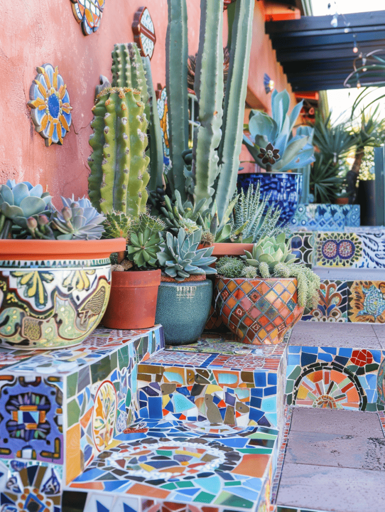  boho outdoor patio design. Colorful mosaic tiles with succulent planters