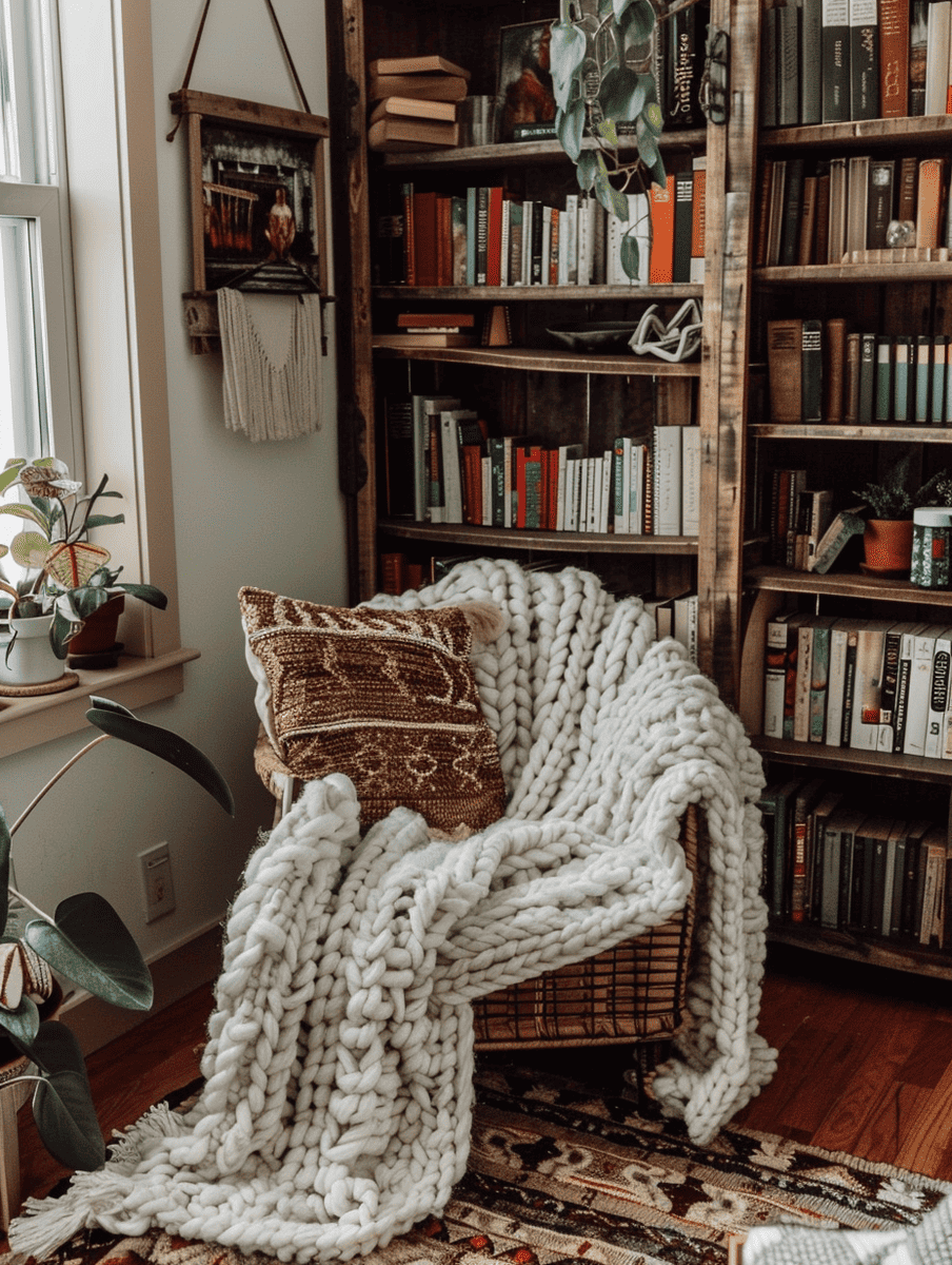 boho reading nook with DIY pallet bookshelves and chunky knit blankets