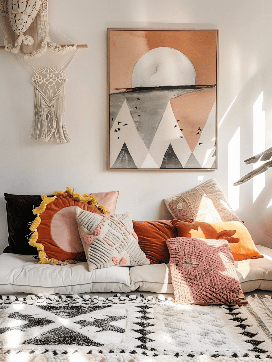 boho reading nook with geometric wall art and cushions