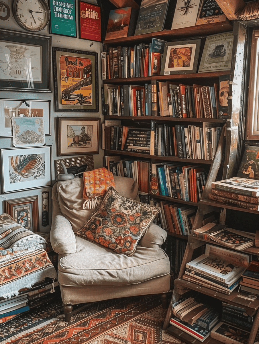A cozy reading nook is enveloped in warm light, showcasing an overstuffed armchair with a decorative pillow, surrounded by shelves and stacks of books, and adorned with eclectic wall art and vintage posters.