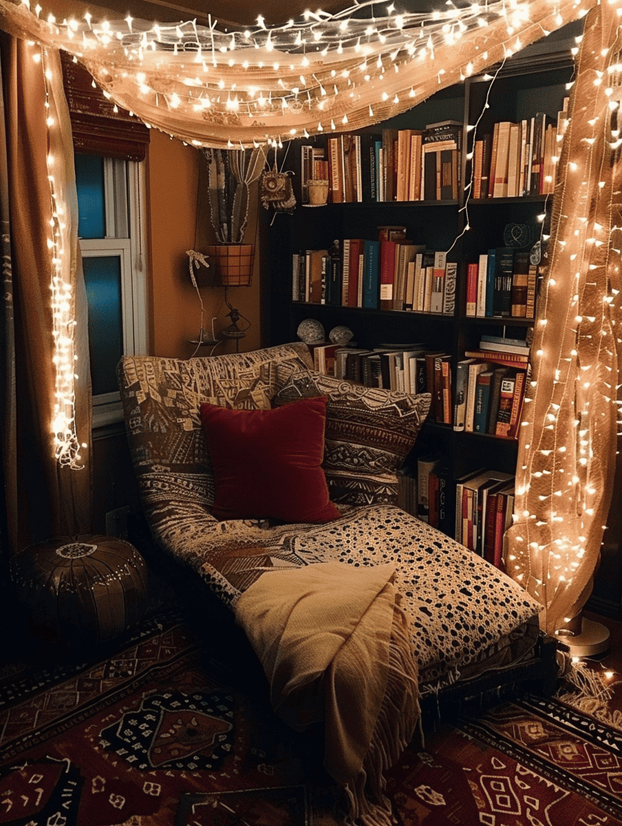 boho reading nook with a fairy light canopy and comfy chaise lounges