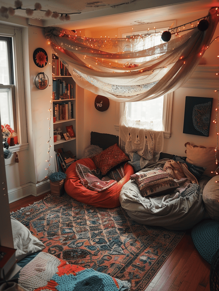 boho reading nook with boho banners and soft bean bag chairs