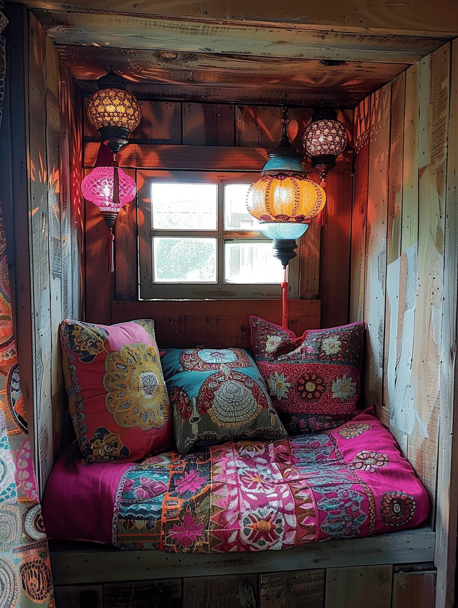 boho reading nook with colorful lanterns and boho-printed pillows