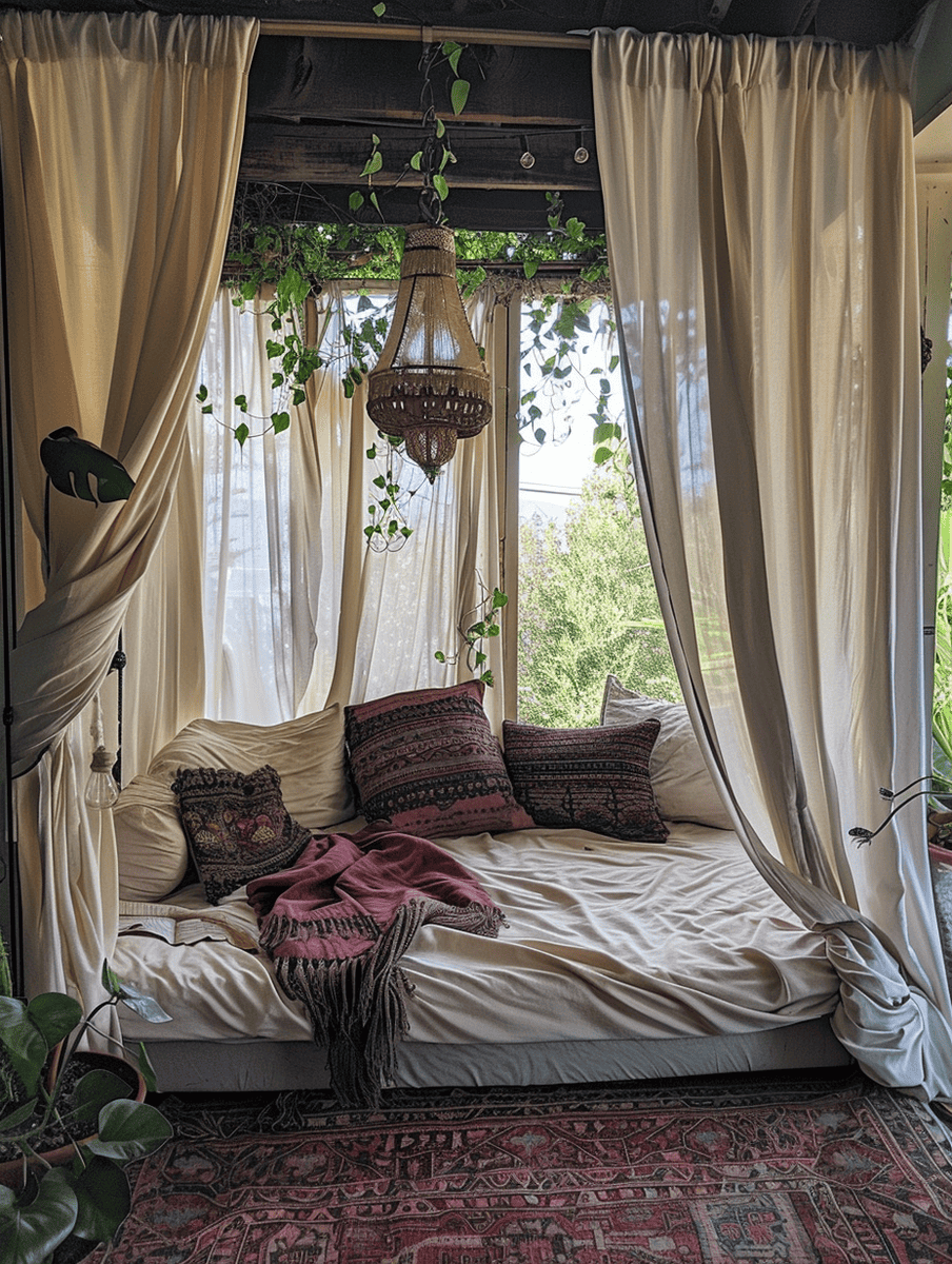 boho reading nook with floor-to-ceiling curtains and luxurious daybeds