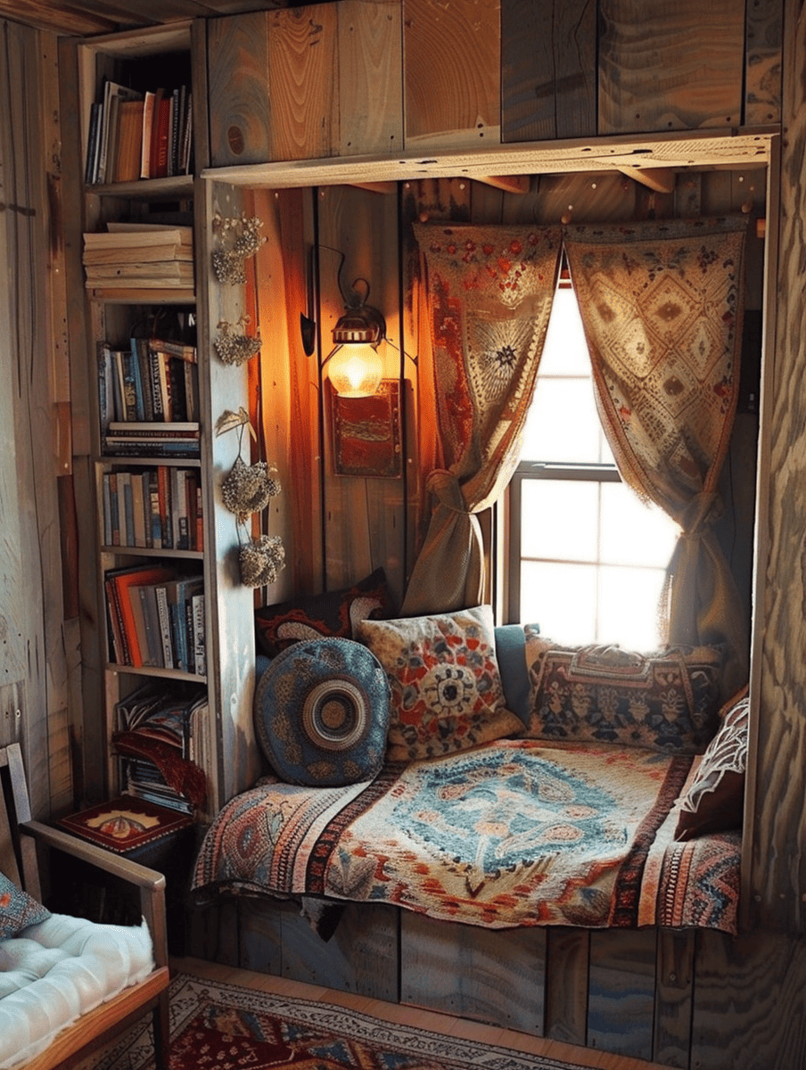 boho reading nook with rustic wood panels and boho print curtains