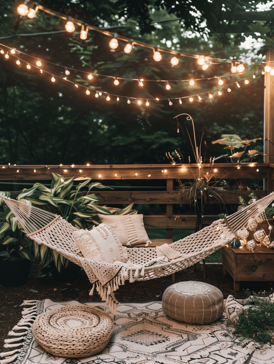  boho outdoor patio design. Woven hammock with string lights