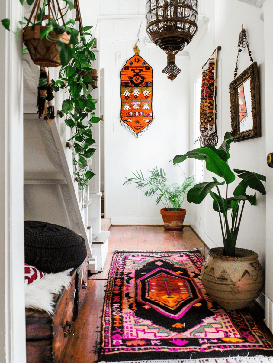 A bright hallway enriched with cultural décor, featuring an intricate pink and black patterned rug on polished wood floors, flanked by lush green plants in terracotta pots and an assortment of ethnic wall hangings, with a view into a stairwell on the left.