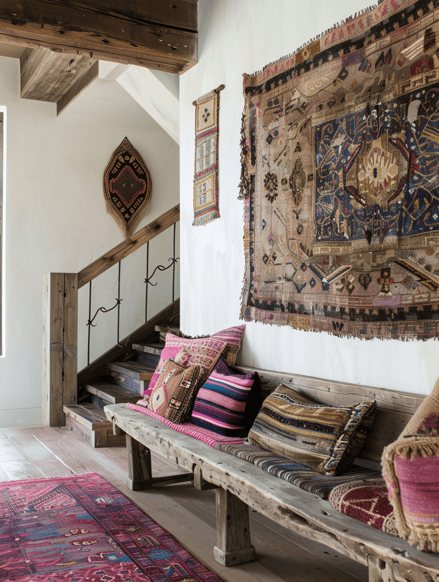A rustic entryway showcases cultural charm with a vintage wooden bench, adorned with colorful woven pillows, set against a backdrop of eclectic tapestries and rugs hanging on white walls and laid on wooden floors, under a staircase with wrought iron details.