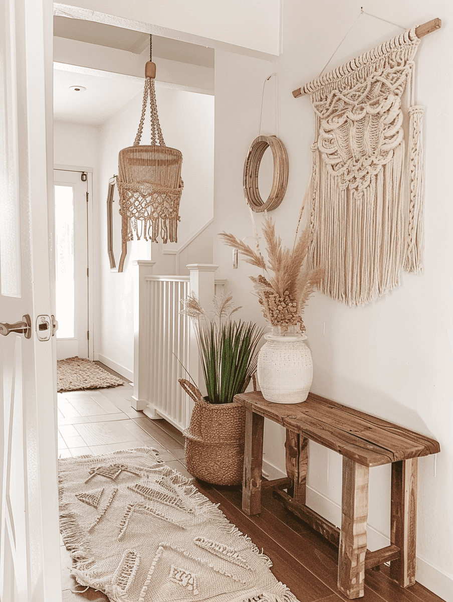 boho hallway decor. macrame wall hanging with wooden accents