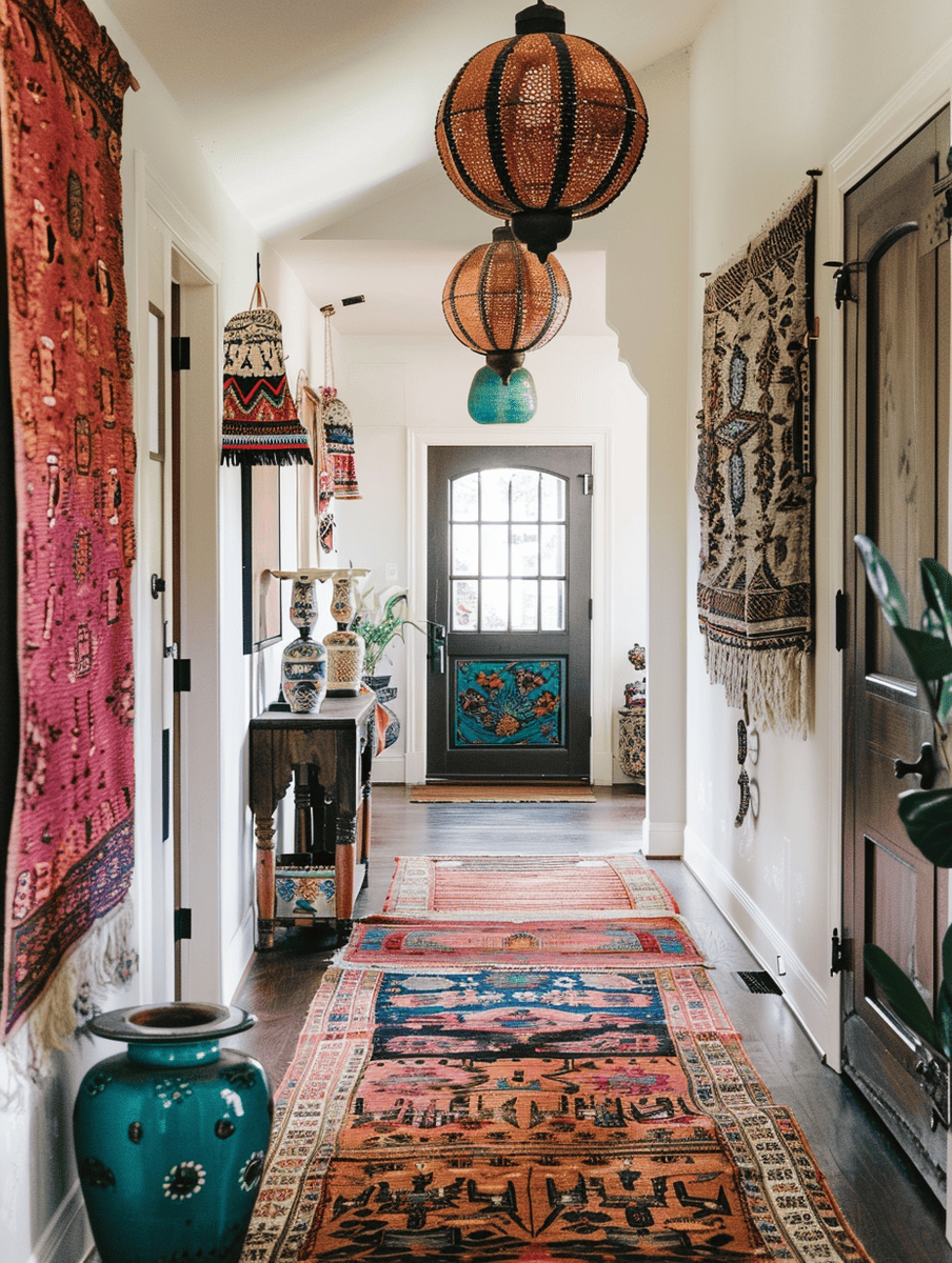 boho home entryway in a blend of patterned carpets. ethnic wall hanging rugs.