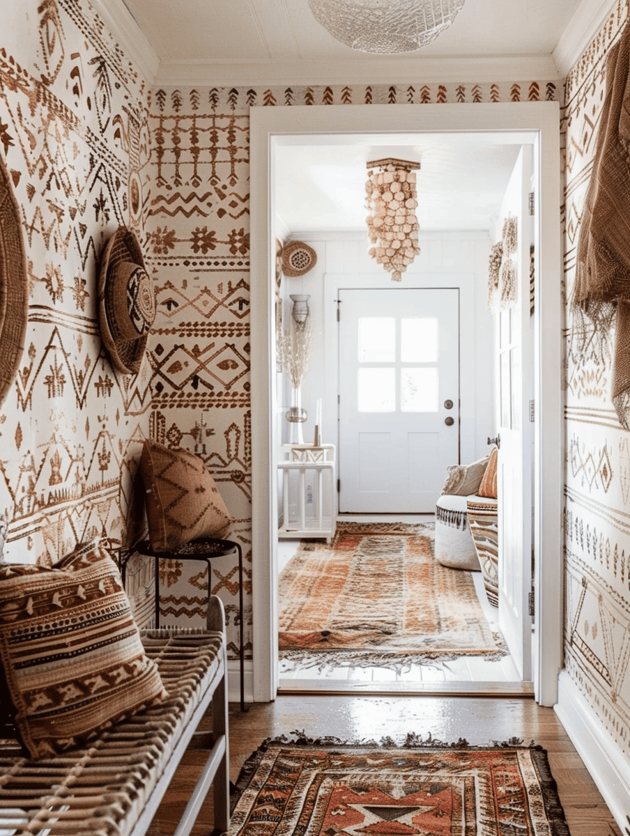 This image shows a warmly lit hallway adorned with tribal-patterned wallpaper, woven baskets, and textured light fixtures, leading to a bright room with a welcoming door flanked by an oriental rug.