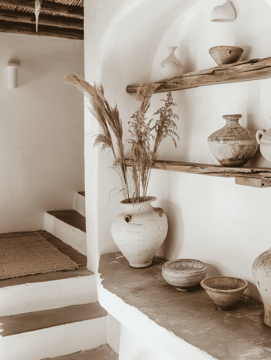 A serene, earth-toned corner with rustic wooden shelves displaying an assortment of handcrafted pottery, accompanied by dried grasses in a large vase, all set against the smooth curves of a plastered wall.