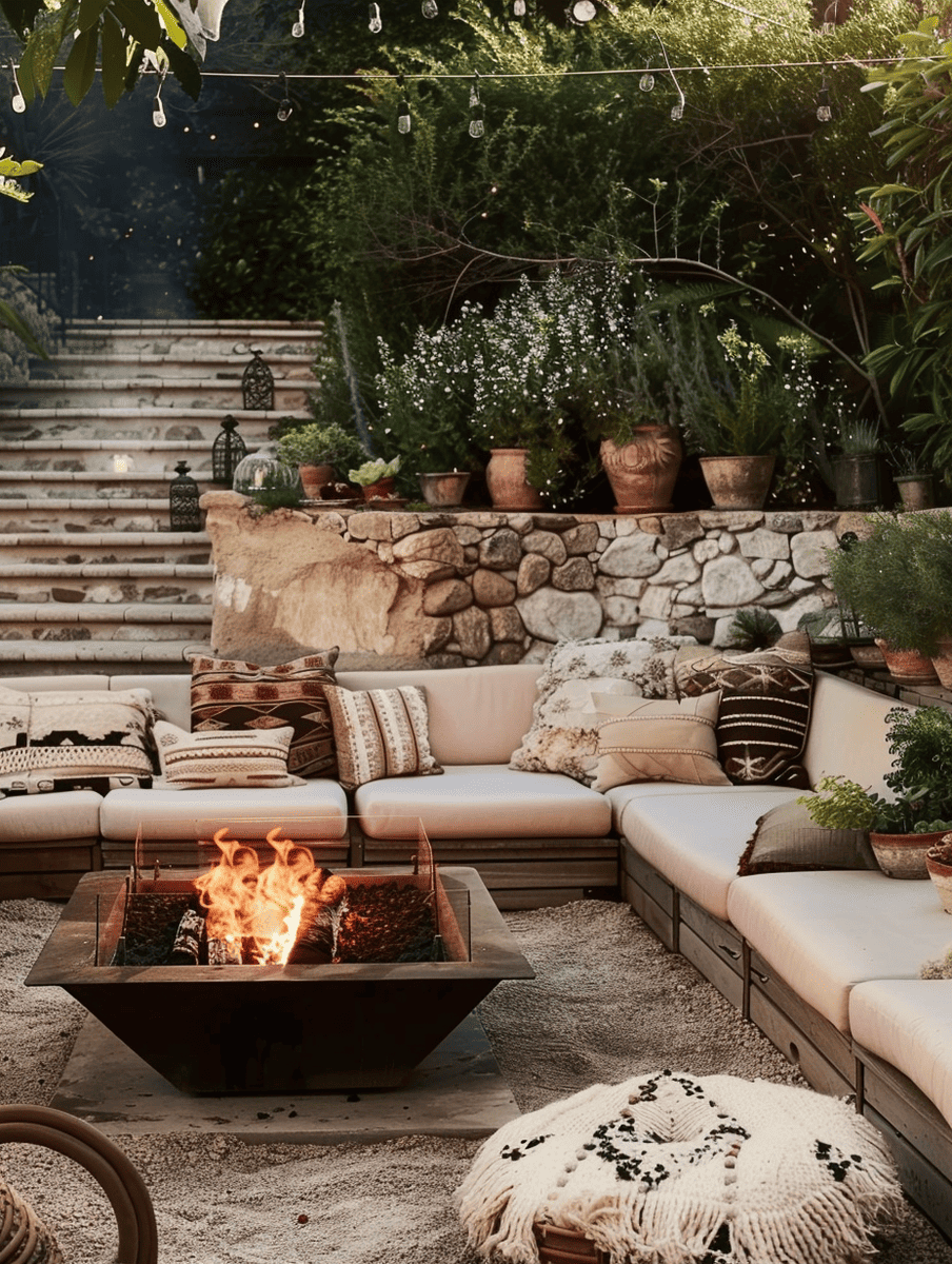  boho outdoor patio design. Outdoor fire pit with surround seating