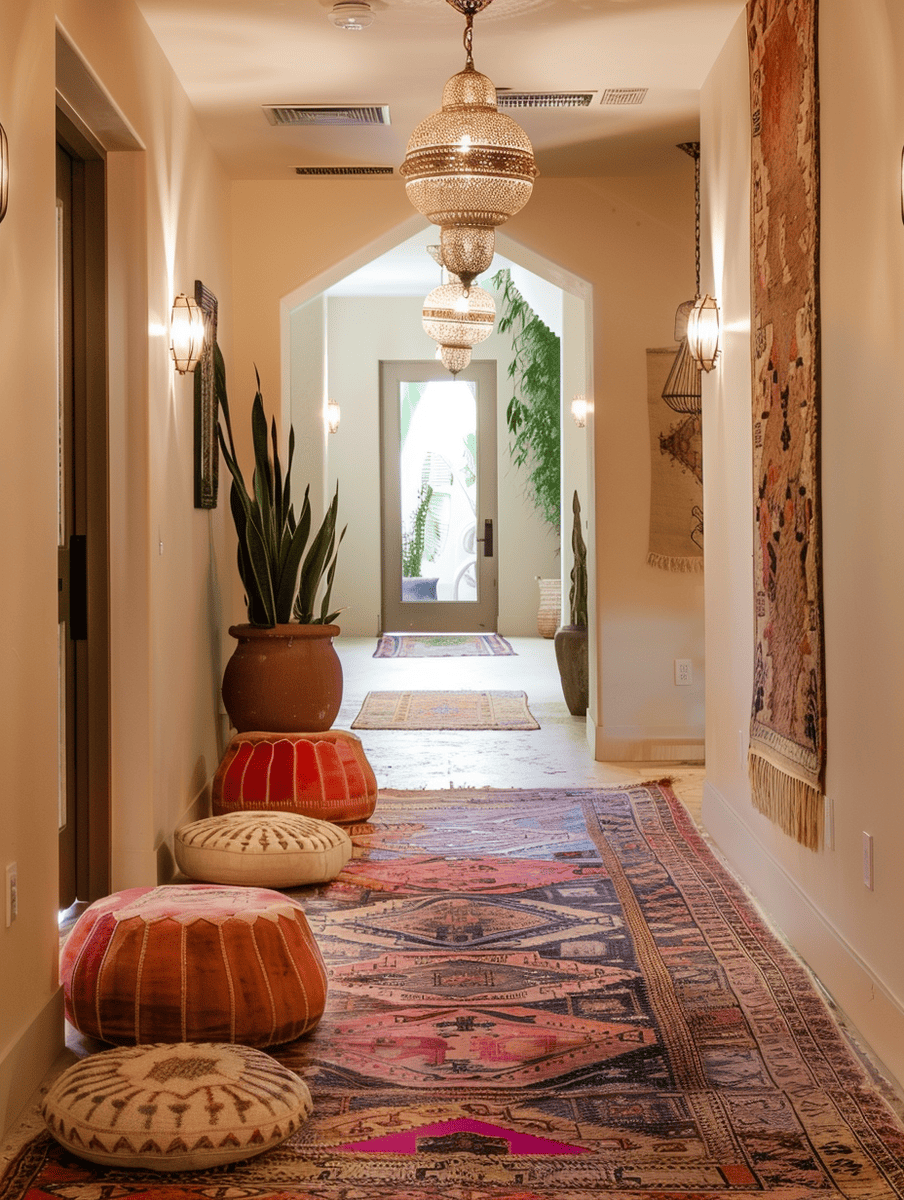 A warm and elegant corridor adorned with a series of ornate golden pendant lights and wall sconces, a vivid pink and taupe patterned runner, plush round floor cushions, and a tapestry, leading to a bright, leafy alcove at the end.