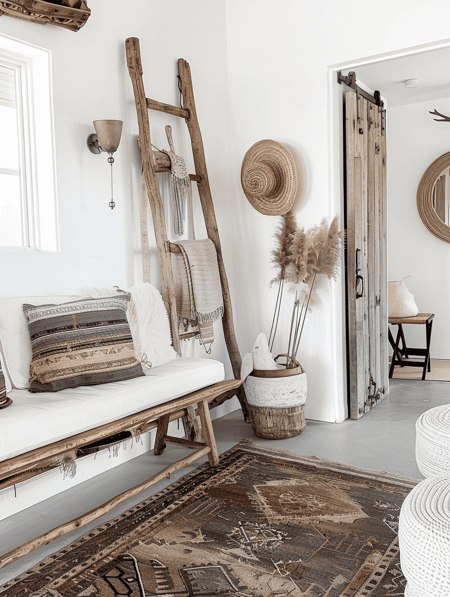 boho hallway decor. rustic ladder storage with woven rugs
