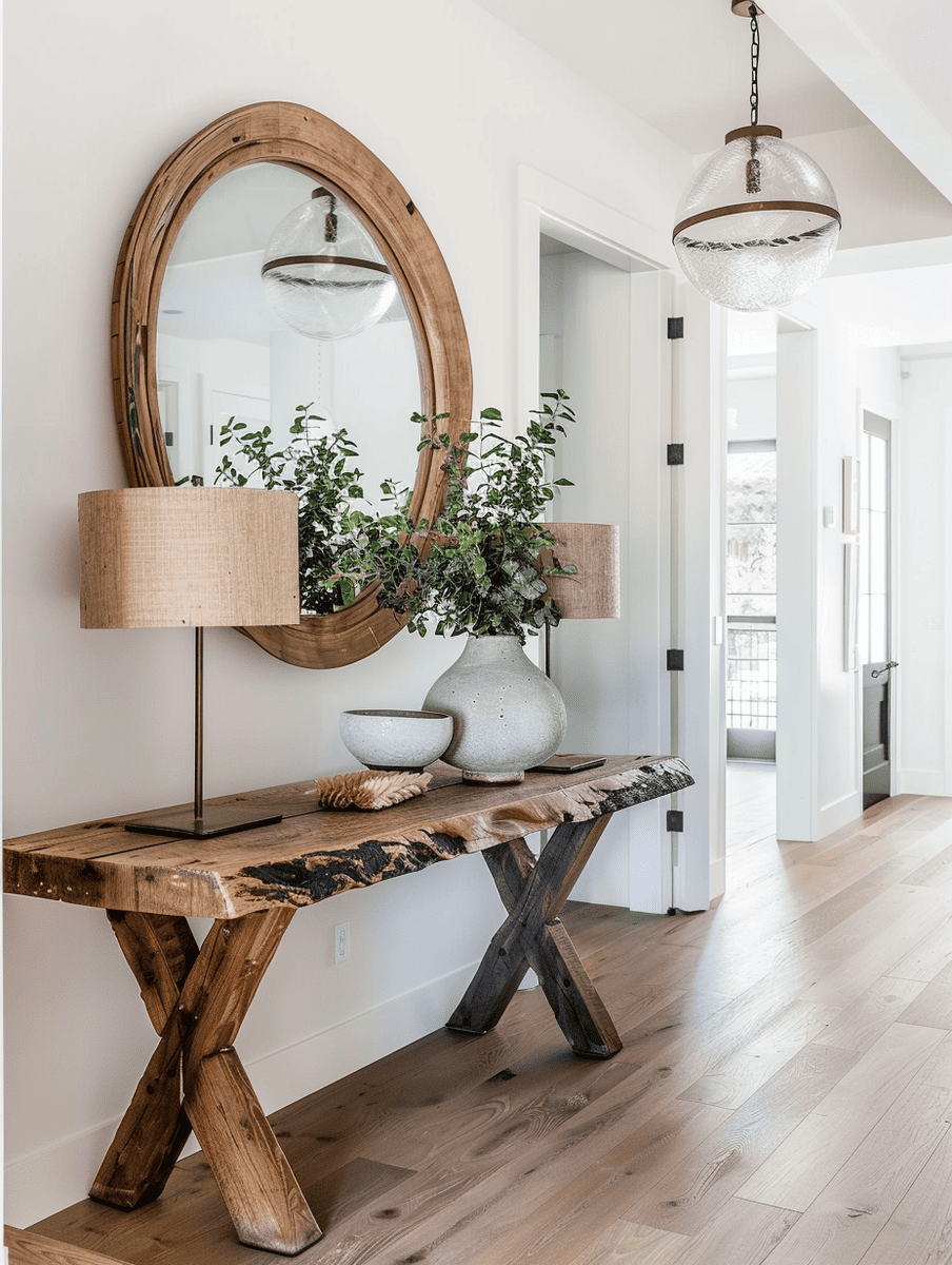 boho hallway decor. reclaimed wood console with industrial lamps
