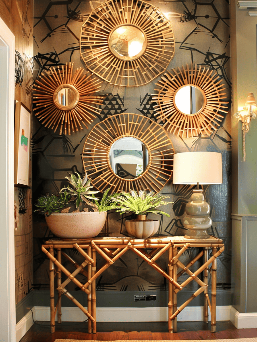 boho hallway decor. sunburst mirrors with geometric patterns