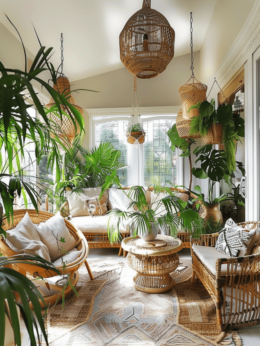 A sun-drenched conservatory overflows with greenery, featuring wicker furniture and hanging planters, patterned cushions, and a large woven rug, creating an oasis of natural textures and tranquil vibes.