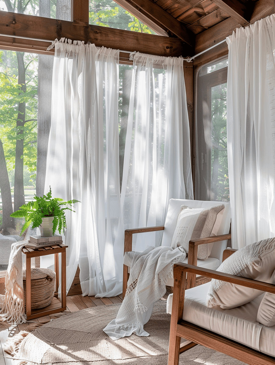 boho sunroom design with white sheer curtains and wooden accents