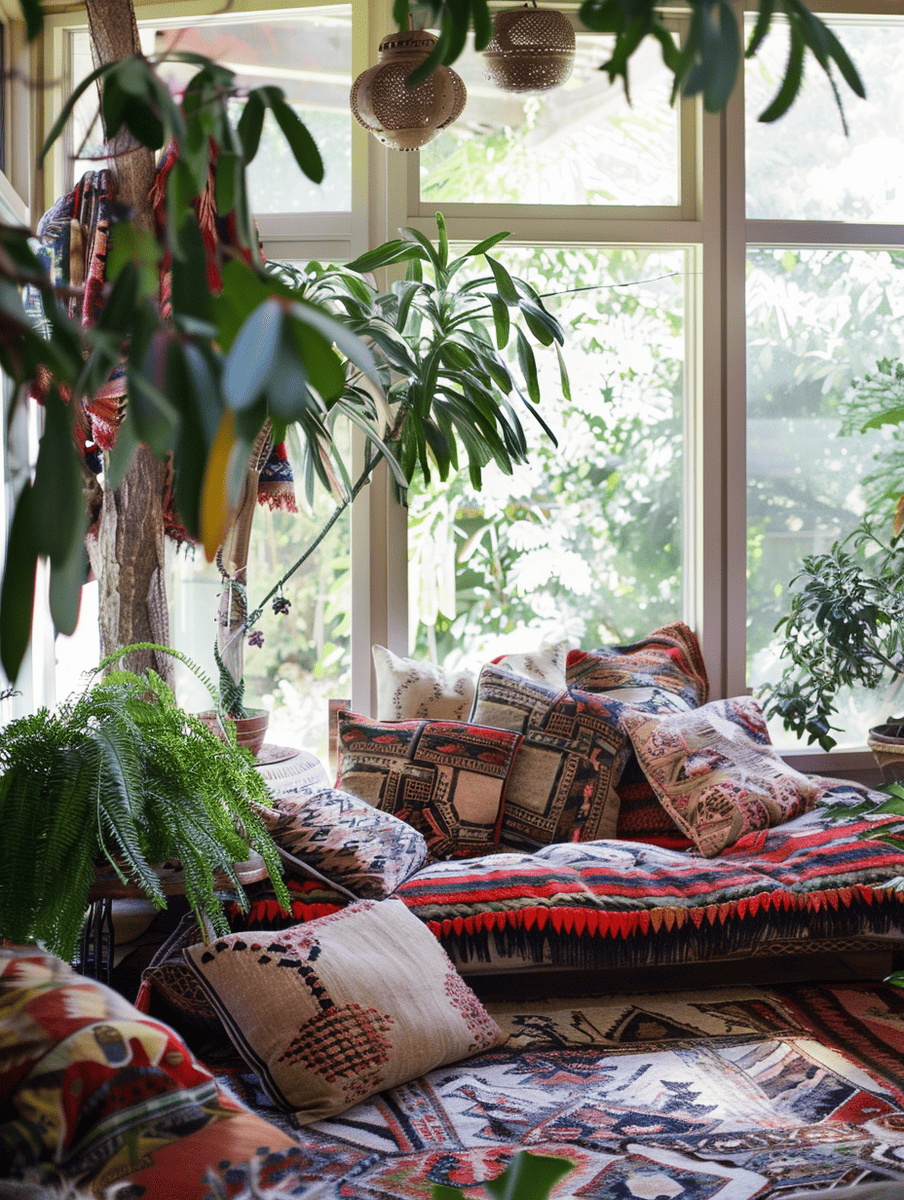 boho sunroom design with bohemian textiles and indoor trees