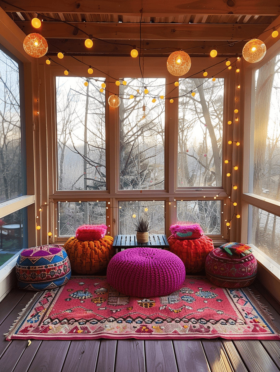 An inviting sunroom glows with the golden light of string lights, featuring a vibrant display of colorful poufs and cushions atop an ornate rug, with a backdrop of tranquil forest seen through ample windows at dusk.