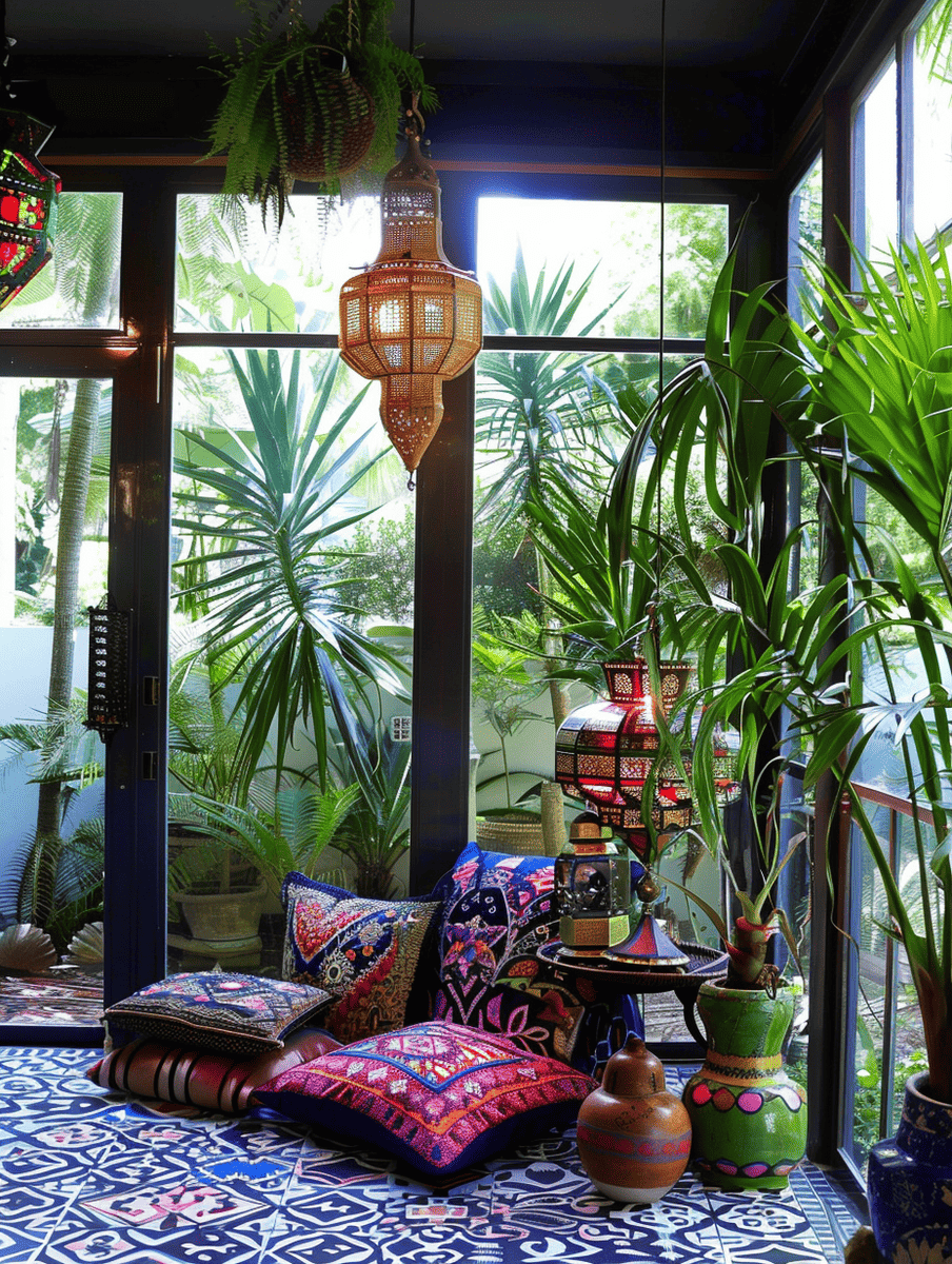 boho sunroom design with floor cushions and Moroccan lamps