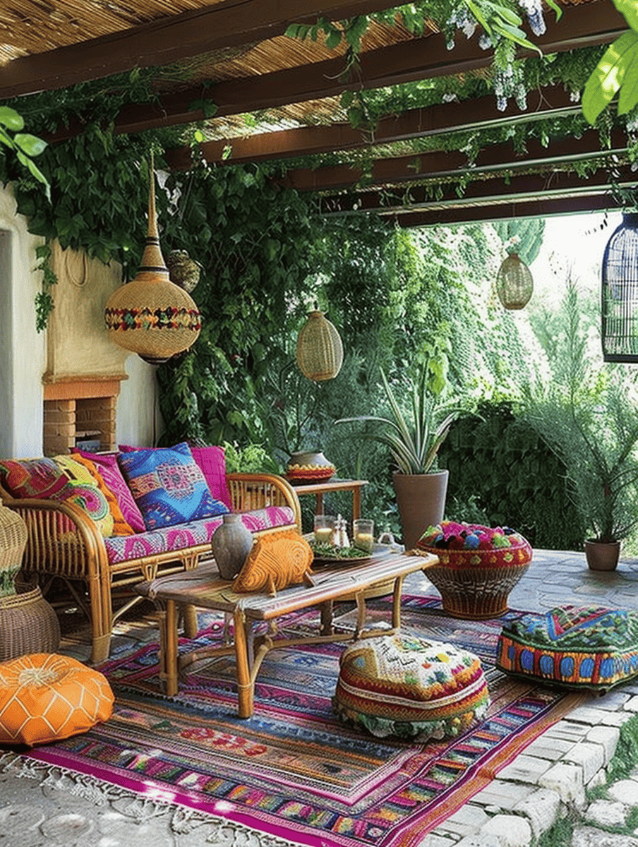  boho outdoor patio design. Rattan furniture with colorful cushions
