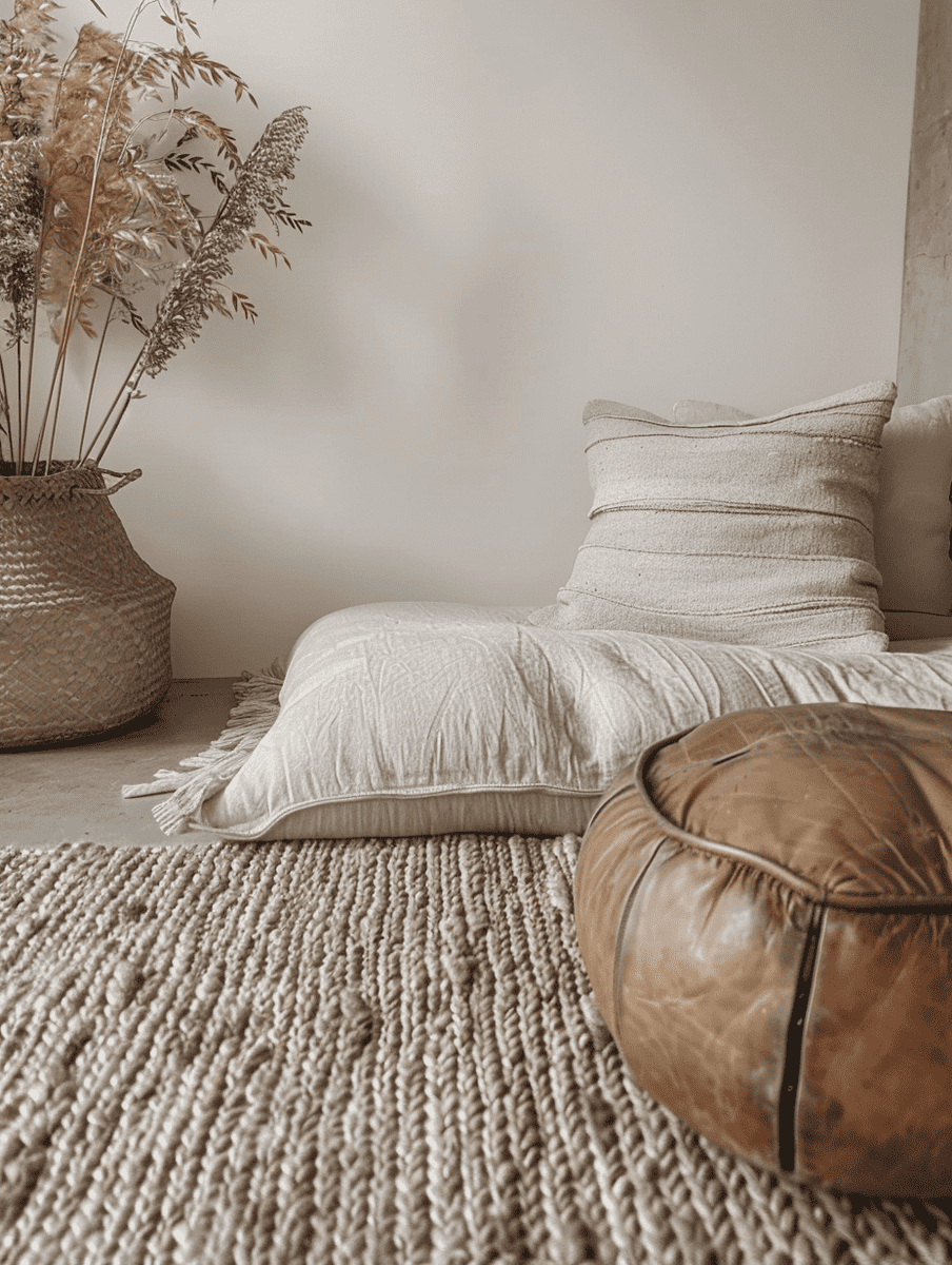 Smooth sateen cushion with a rough, woven rug and sleek leather pouf in a cozy boho setting