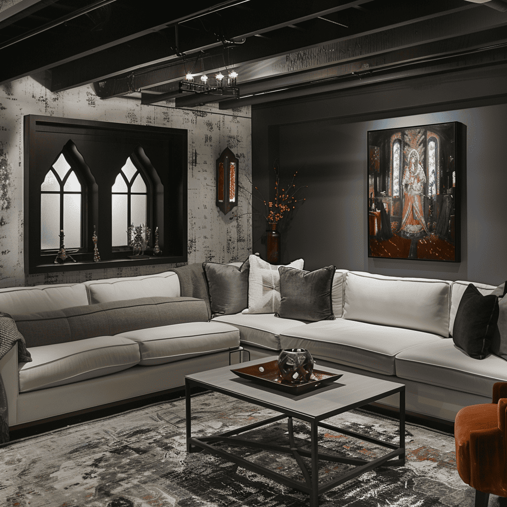 A contemporary living room with gothic undertones, featuring an L-shaped couch, a metal-framed coffee table, gothic arched mirrors, and a religious-themed painting.