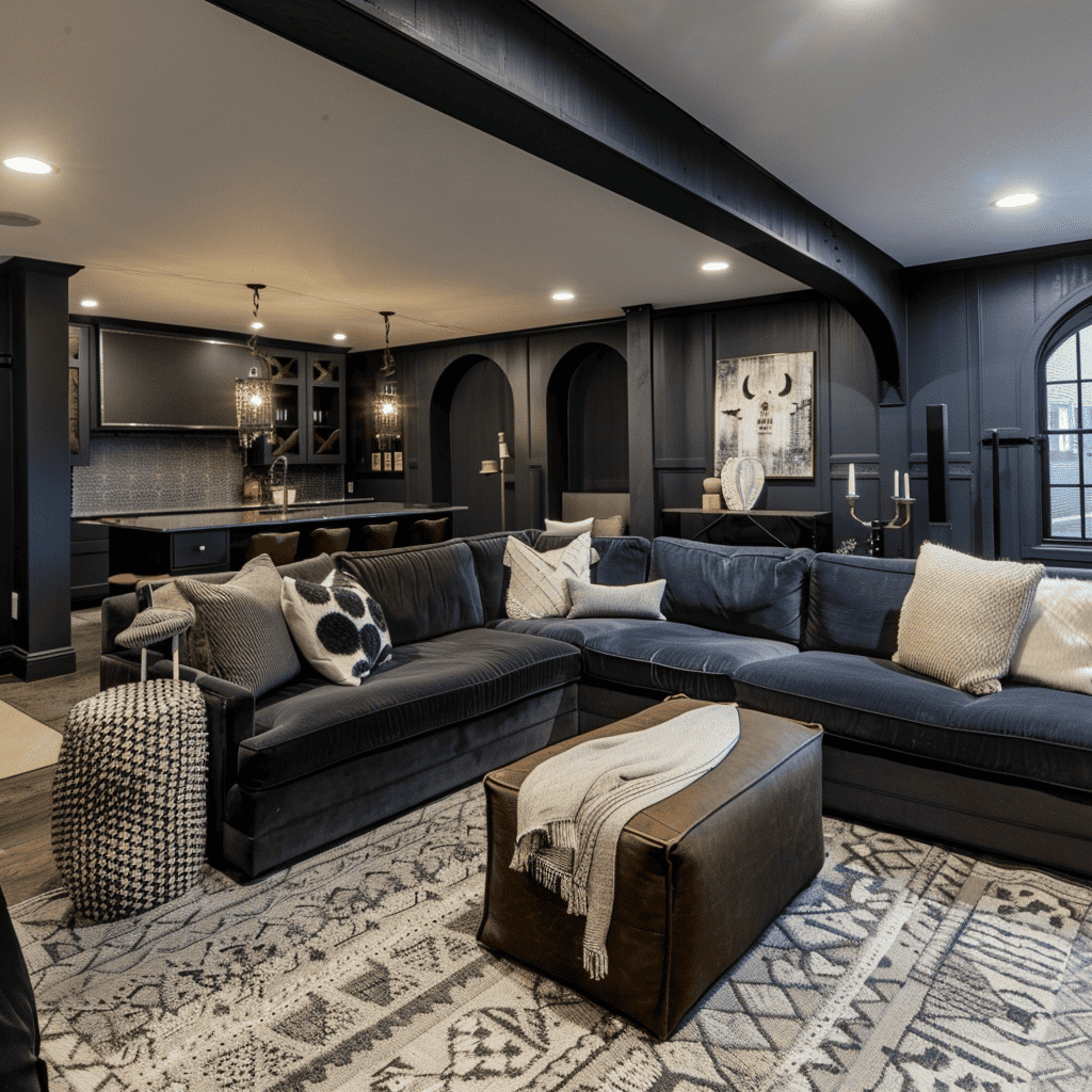 An elegant lounge area with dark-toned sofas, a leather ottoman, patterned rug, and a kitchenette in the background, lit by stylish pendant lights.