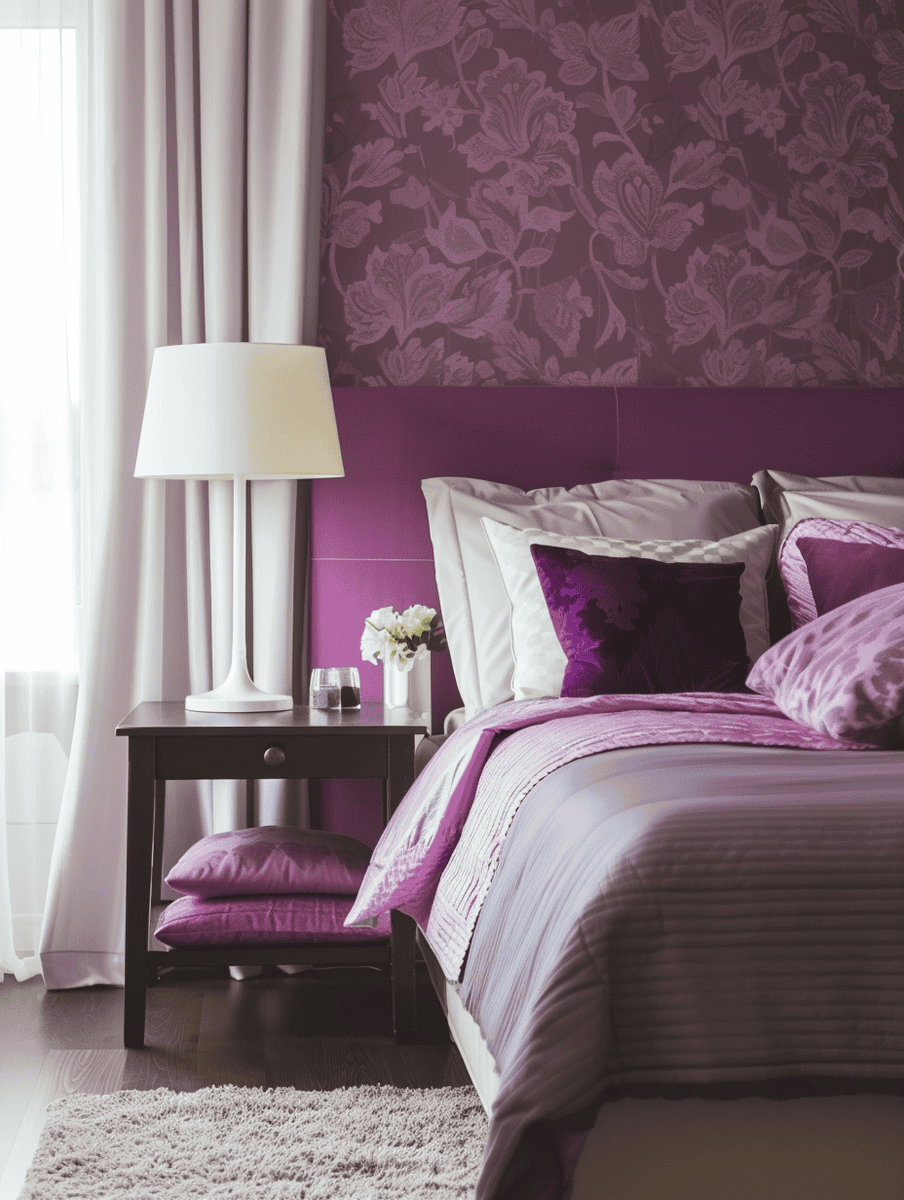 Relaxing bedroom with soft purple wallpaper, bedsheets, and a light purple lampshade. Plum color themed bedding and dark brown floors. White curtains bright natural light to the room