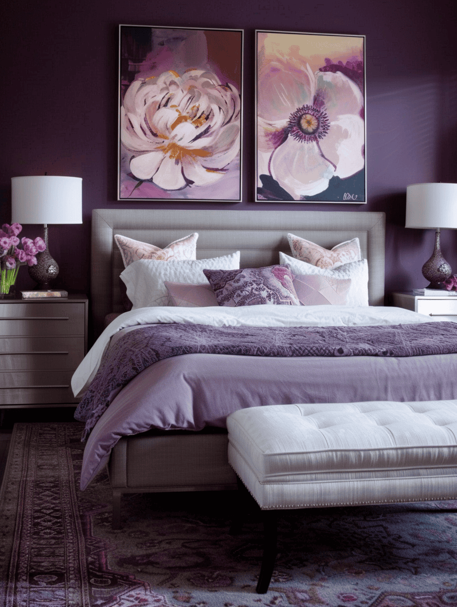 Bedroom with deep purple wall, Two paintings of flowers hanged above a gray header of a bed. Matching white and plum color themed beddings. Carper flooring and a stool on the foot of the bed. Matching stainless steel nightstands on each side with white lamps