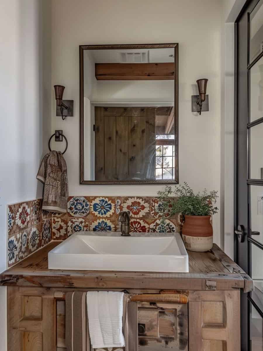 Bathroom with artisan tile backsplash