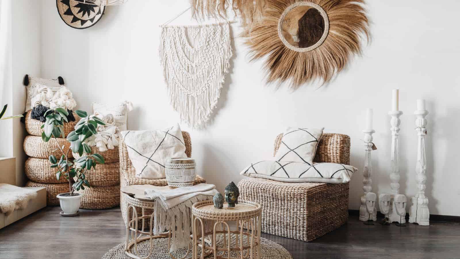 Comfortable wicker furniture, rattan armchair with cushions, bamboo coffee table and macrame on white wall in cozy living room with ethnic interior design
