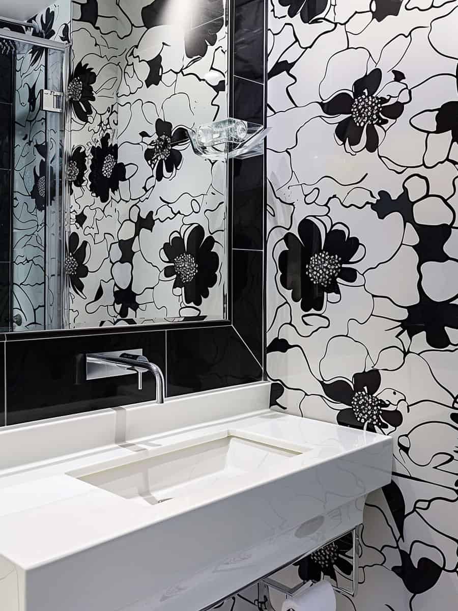 Bathroom with floral backsplash