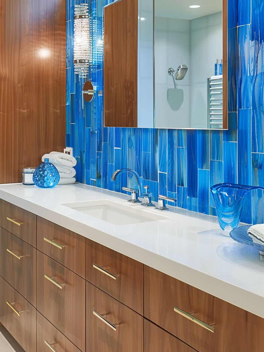 Blue and wooden mixture of bathroom backsplash