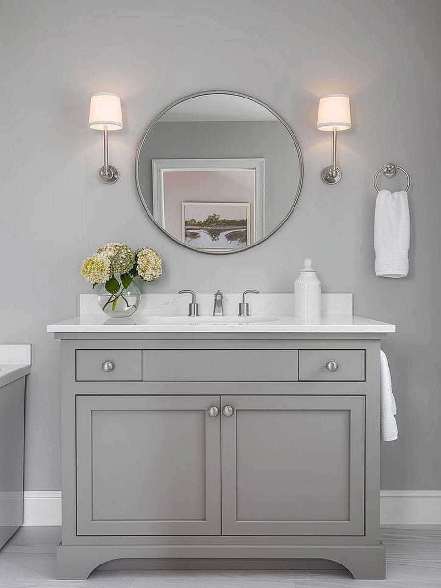 Gray bathroom with circular mirror as backsplash