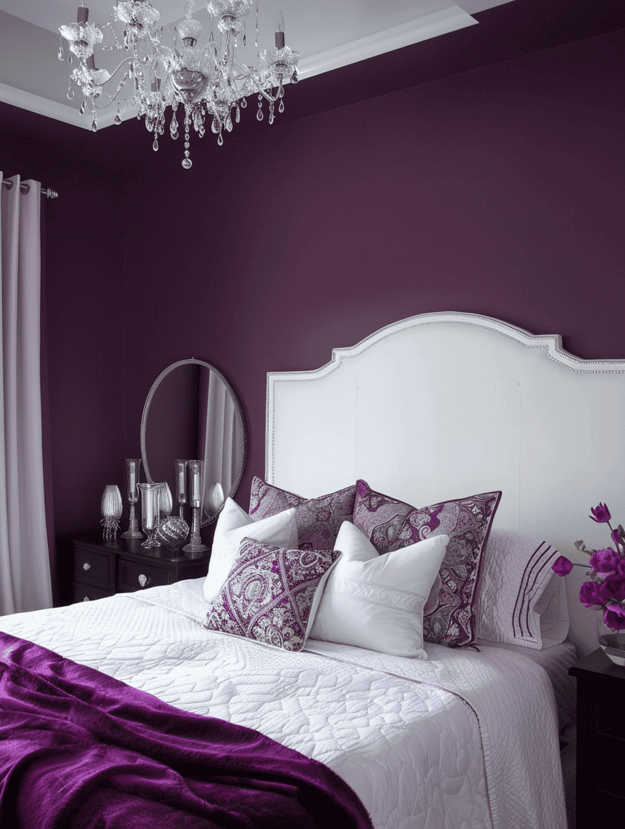 Bedroom with a deep purple wall, white bed header and matched with plum color themed beddings, white pillows mixed with purple ones. standing mirror on the side with a dark purple nightstand and flowers