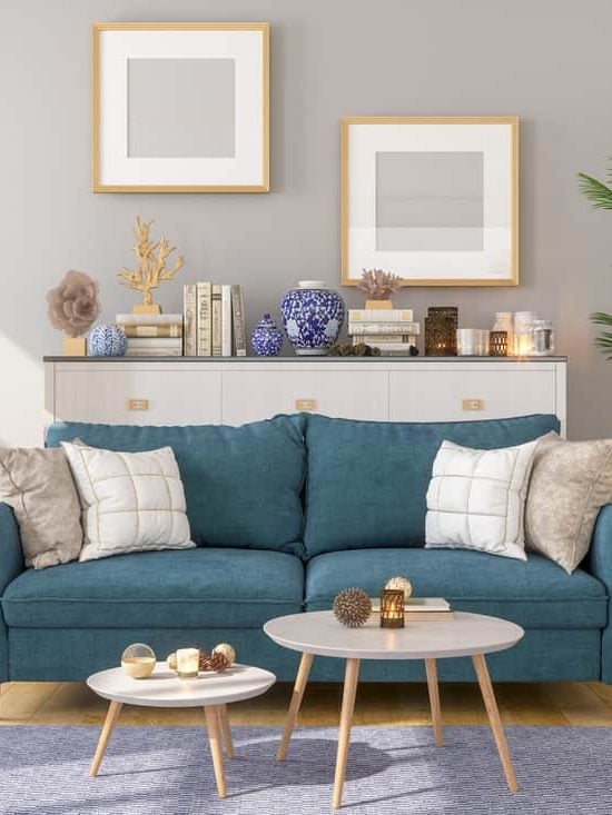 Living Room Interior with Grey walls and blue couch