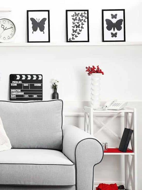 Modern living room interior with grey sofa, red throw pillows, white wall and black coffee table