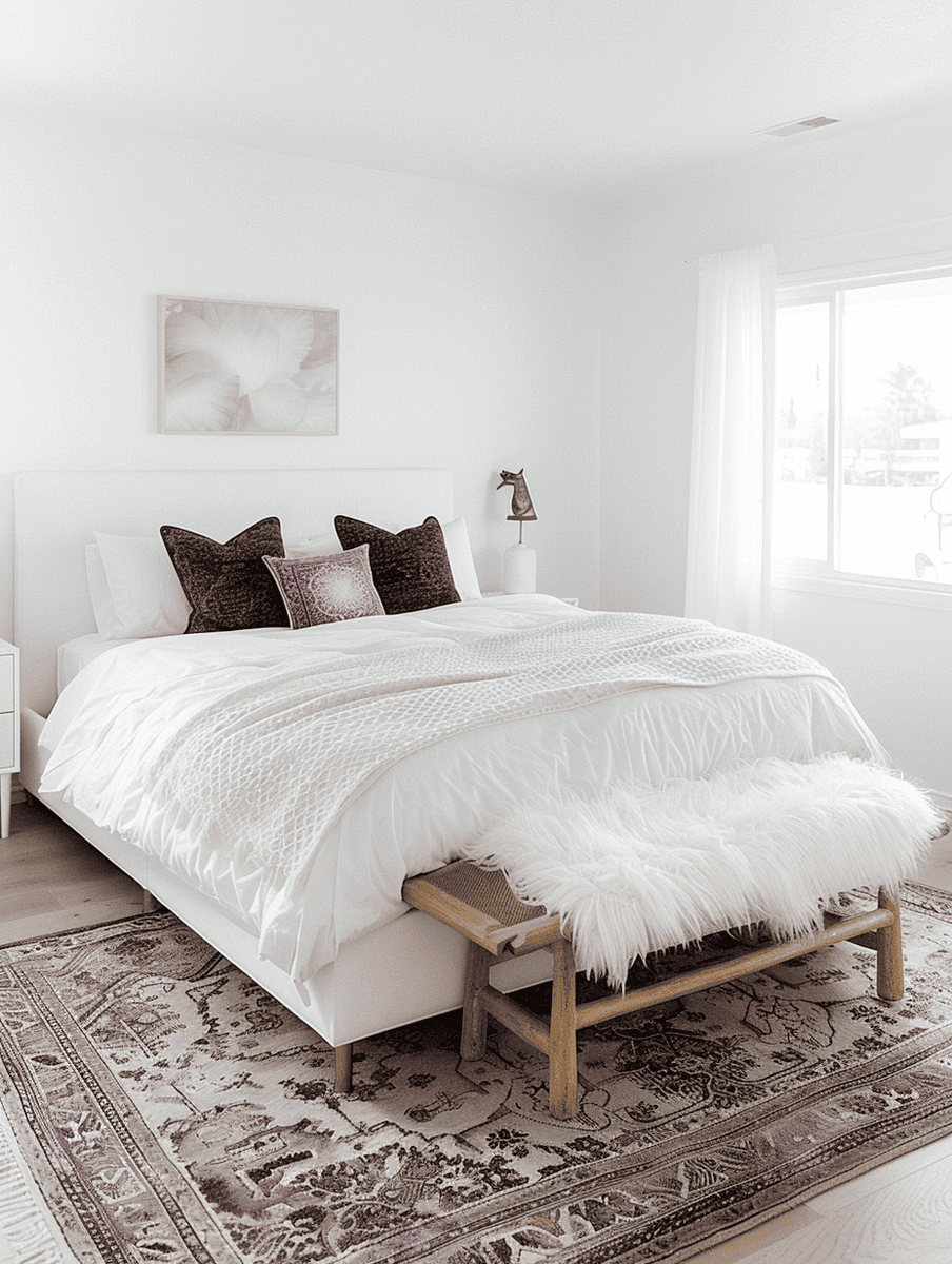 Minimalist themed bedroom with plum color accents incorporated with chic and regal look. White walls, white beddings, and light wooden floors. Oriental rug, furry footstool and clean white headboard and baseboard