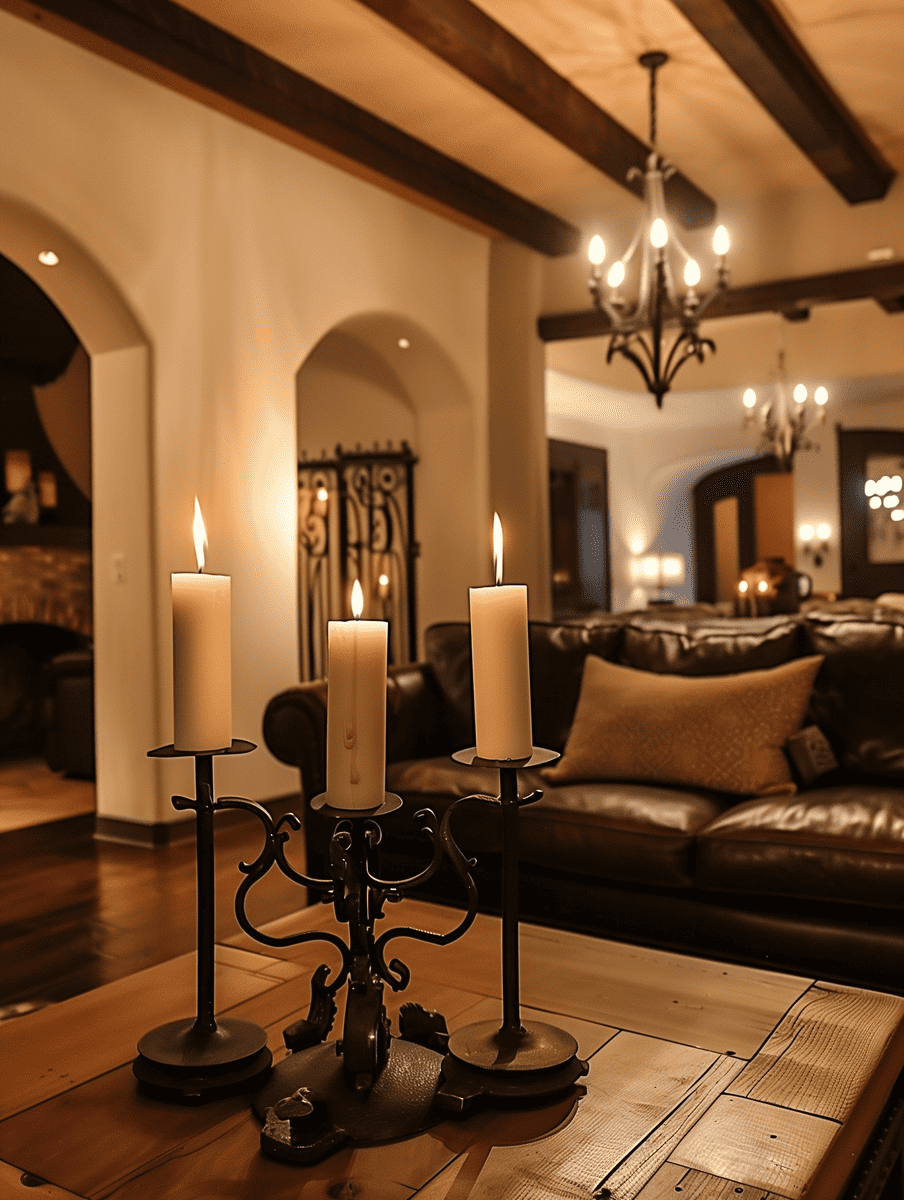 Western Gothic living room with a candlelit ambiance and wrought iron Western candle holders