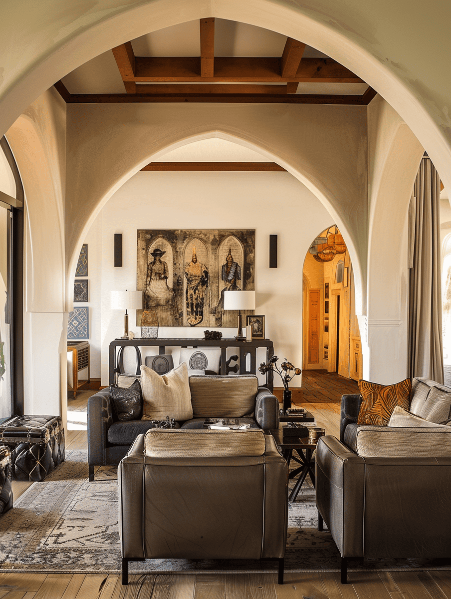 Western Gothic living room with Gothic archways and Western-inspired murals