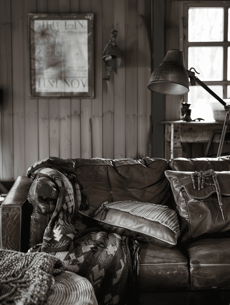 Western Gothic living room with distressed leather couches and Gothic throw blankets